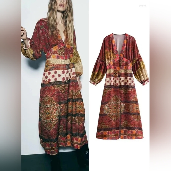 ZARA BOHO PATCHWORK PRINTED MIDI DRESS - Picture 2 of 11